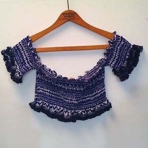 Shakuhachi Blue Off the Shoulder Crop Top
